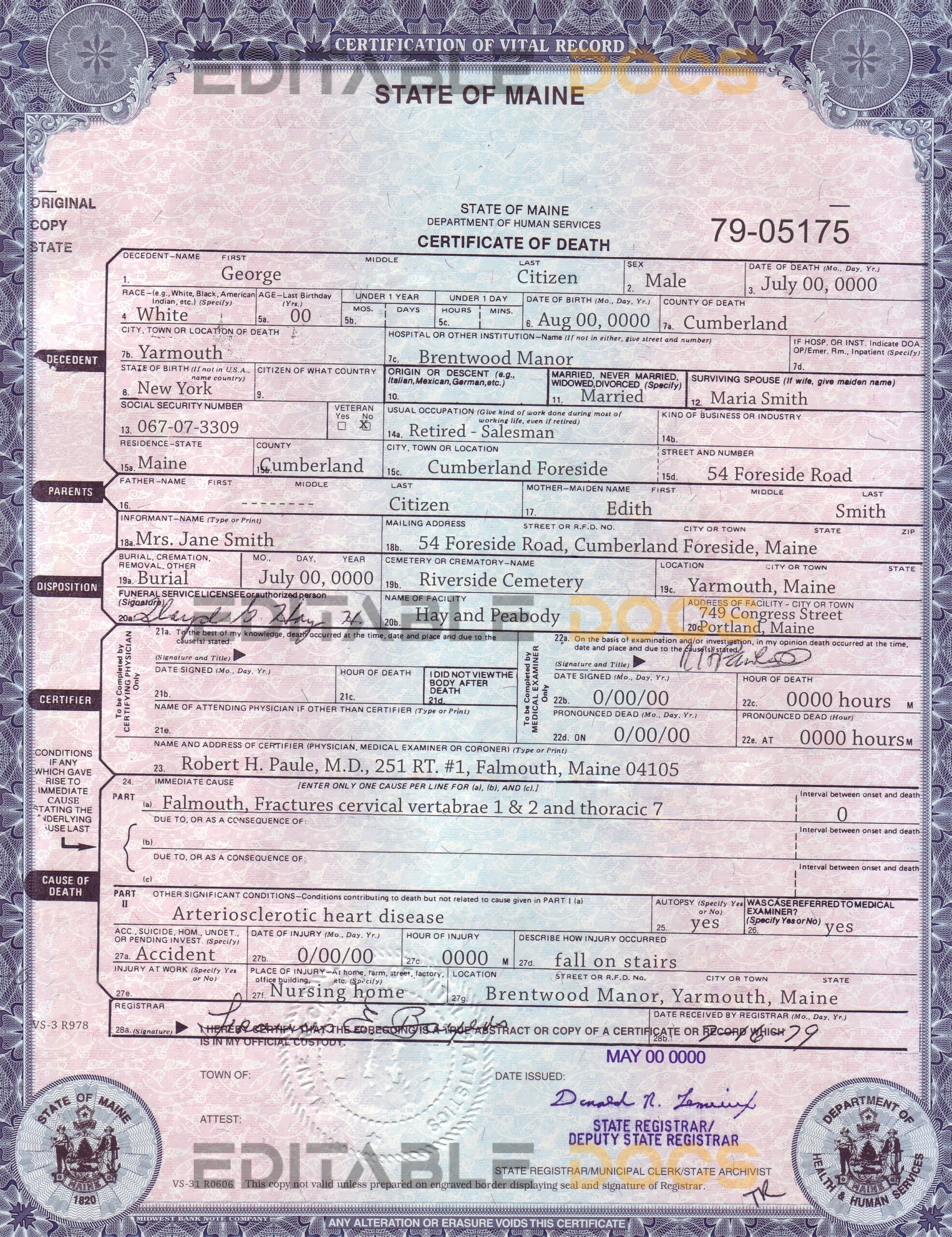 Customizable USA Maine Death Certificate PSD Templates | Instant Download