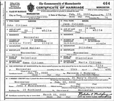 USA Massachusetts Marriage Certificate Editable PSD Templates