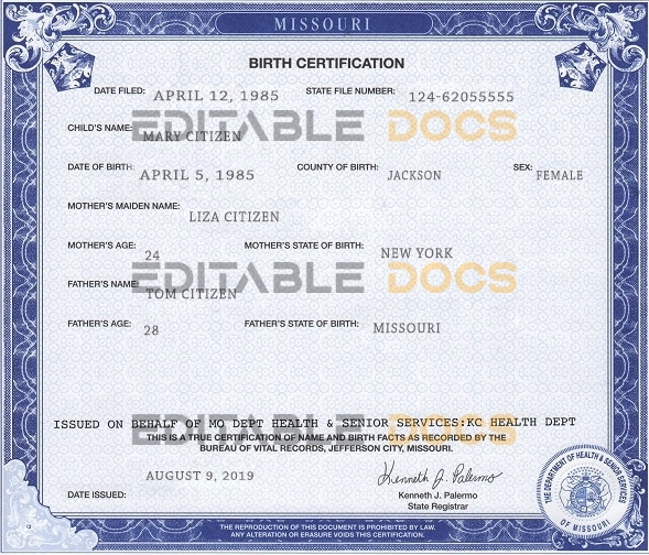 Authentic USA Missouri Birth Certificate Template | Customize and Download Online