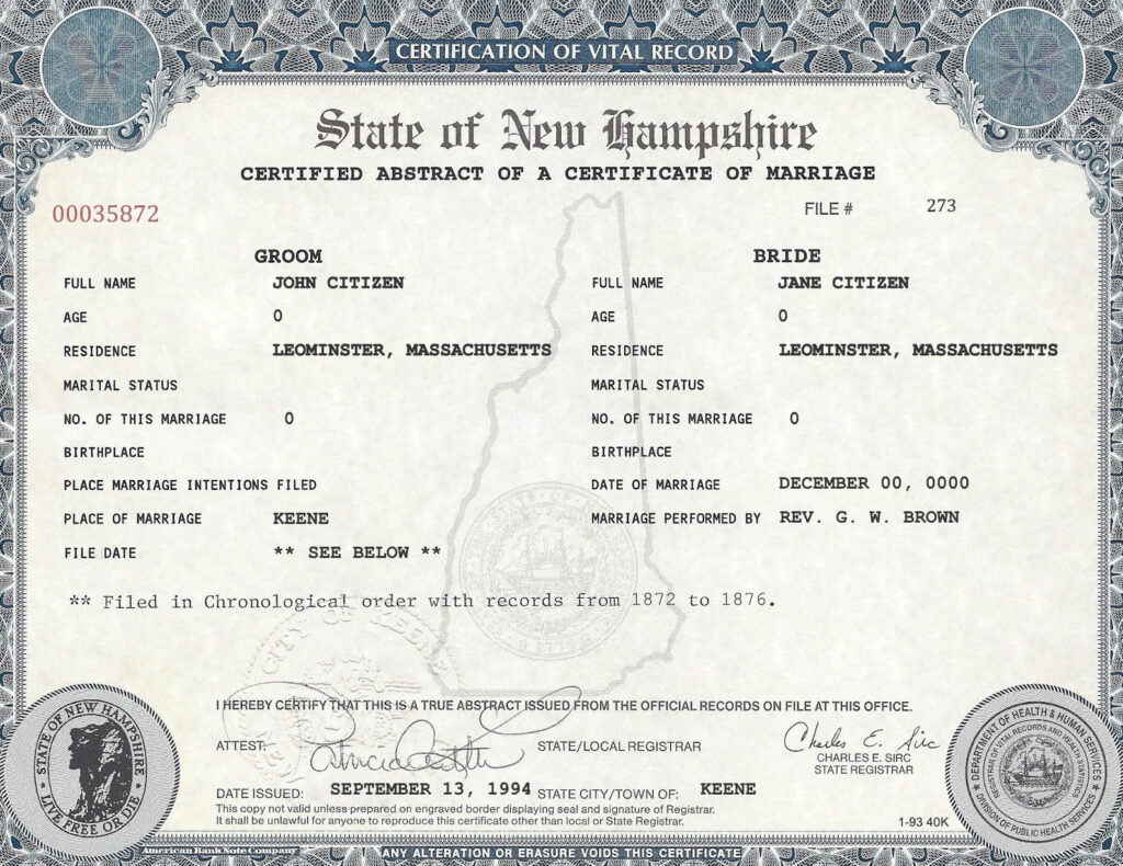 USA New Hampshire Marriage Certificate Editable PSD Templates