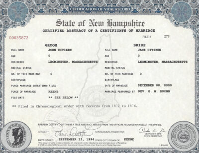 USA New Hampshire Marriage Certificate Editable PSD Templates