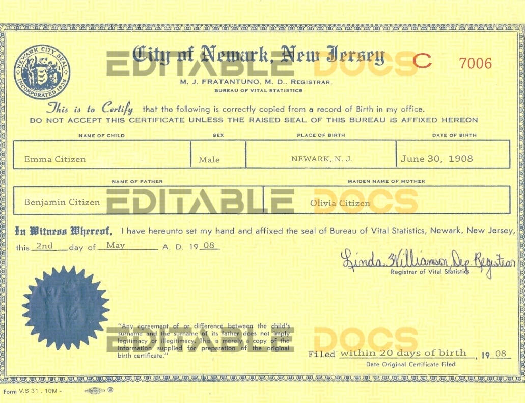 Authentic USA New Jersey Birth Certificate Template | Customize and Download Online