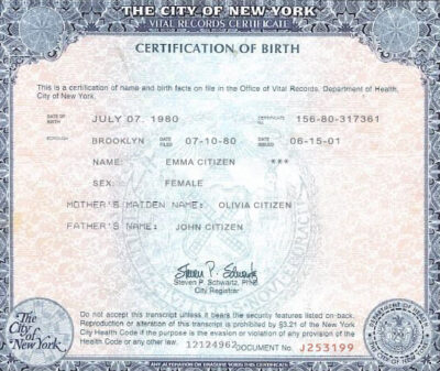USA New York state birth certificate template in PSD format, fully editable