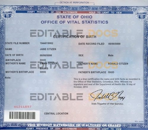 Authentic USA Ohio Birth Certificate Template | Customize and Download Online
