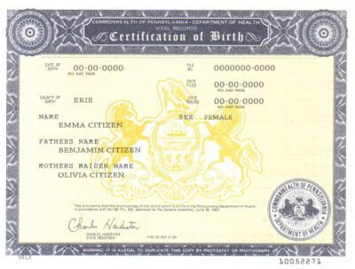 USA Pennsylvania state birth certificate template in PSD format, fully editable