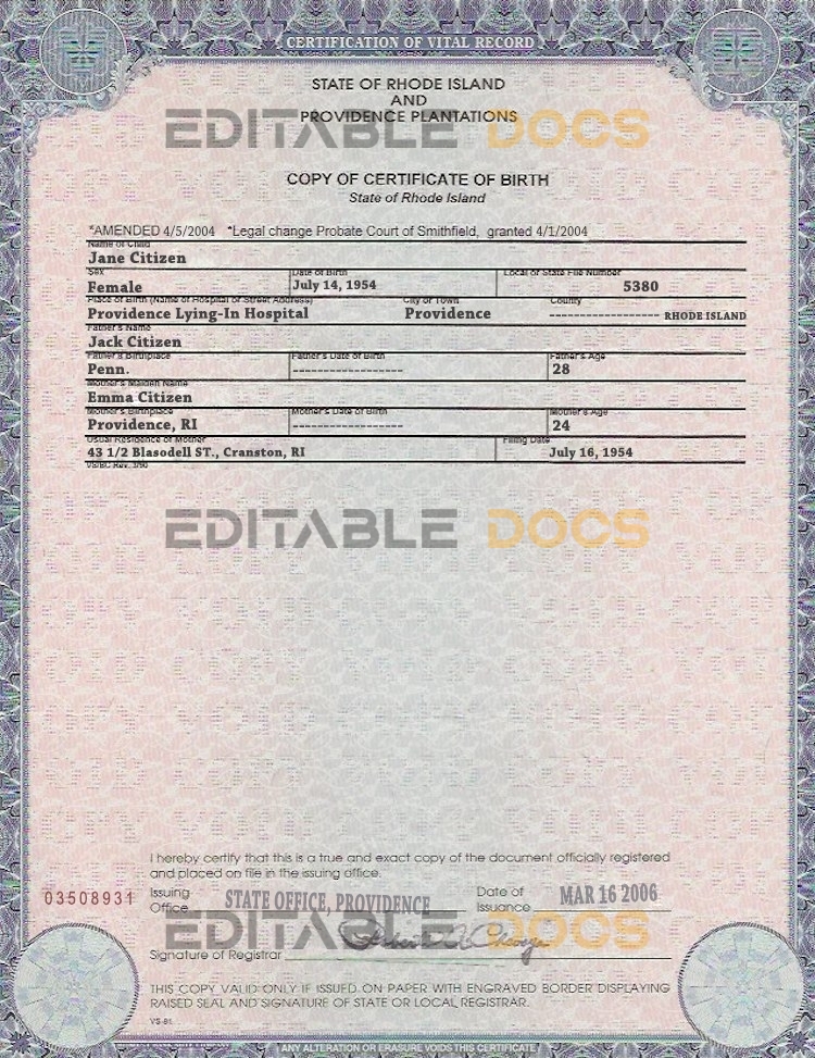 Authentic USA Rhode Island Birth Certificate Template | Customize and Download Online