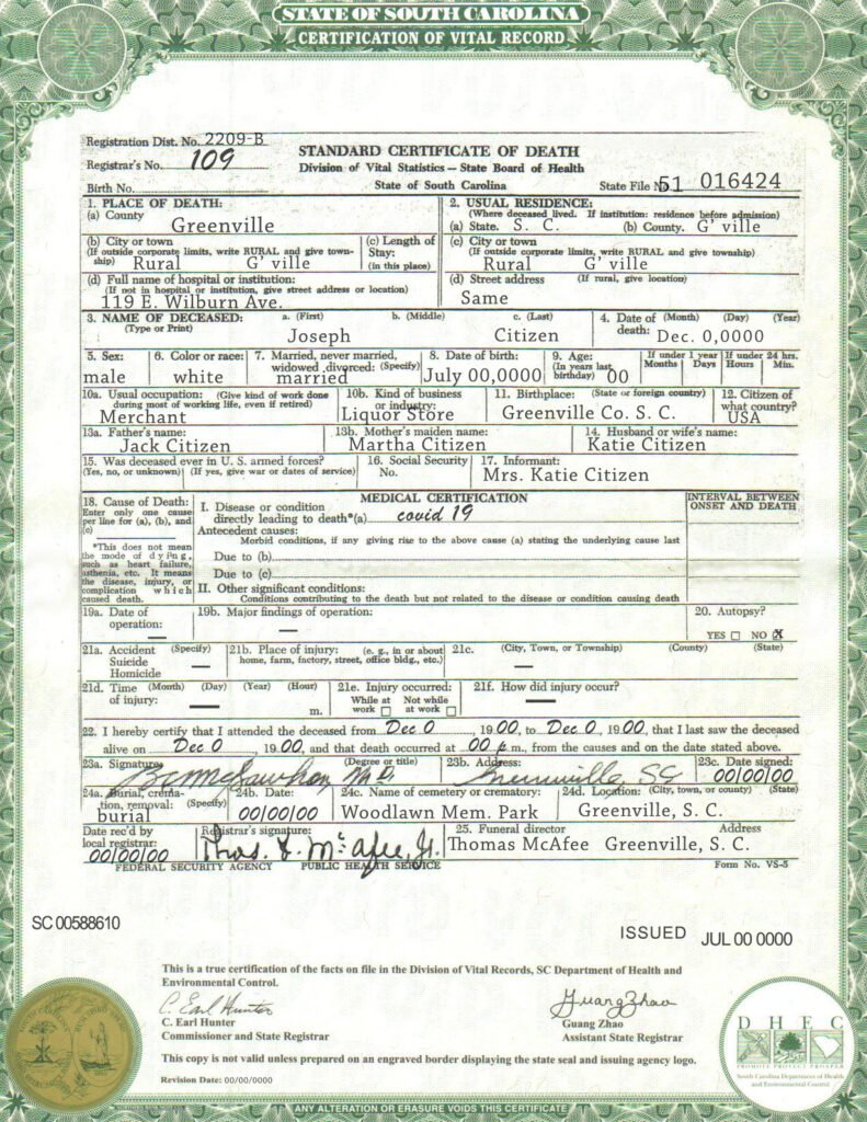 USA South Carolina state death certificate template in PSD format, fully editable