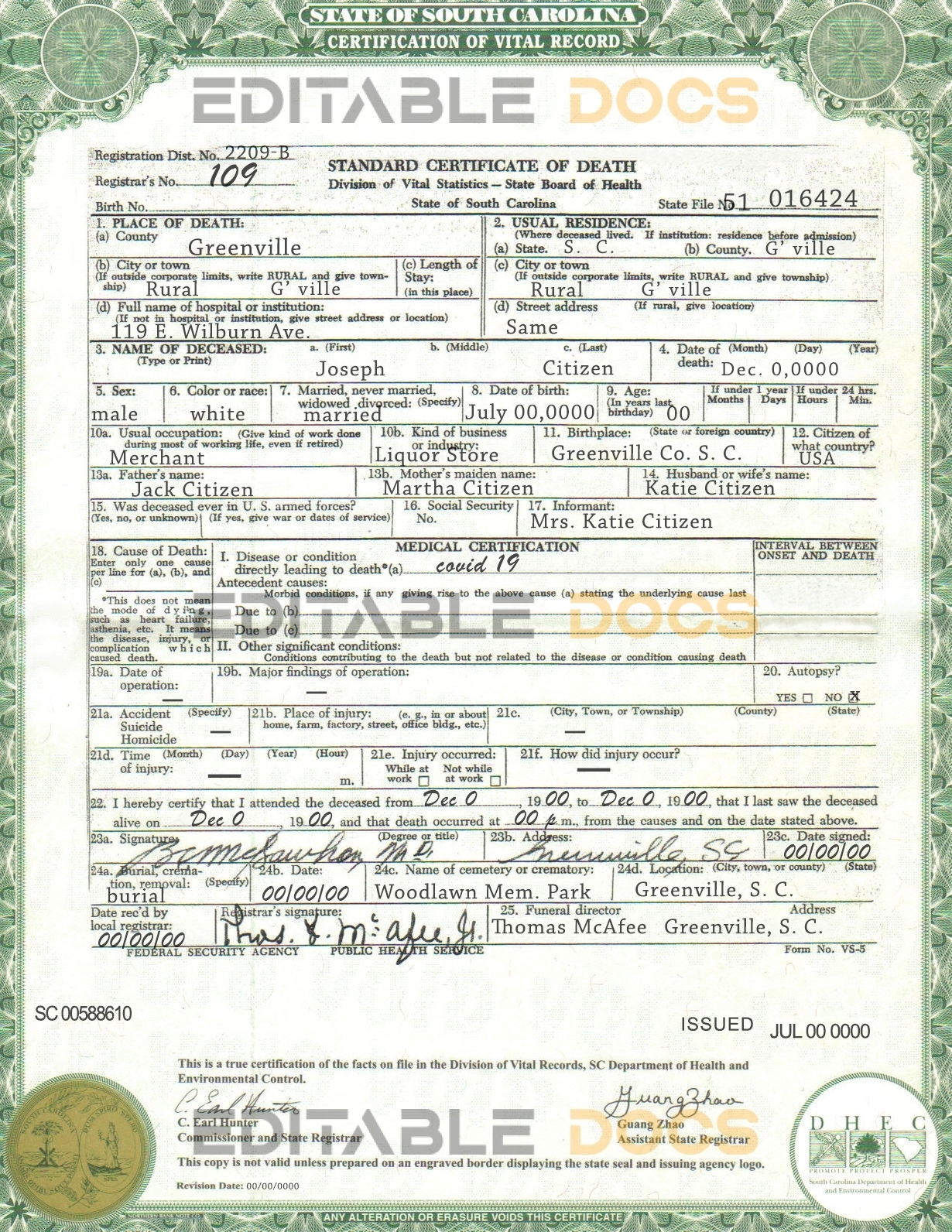Customizable USA South Carolina state Death Certificate PSD Templates | Instant Download