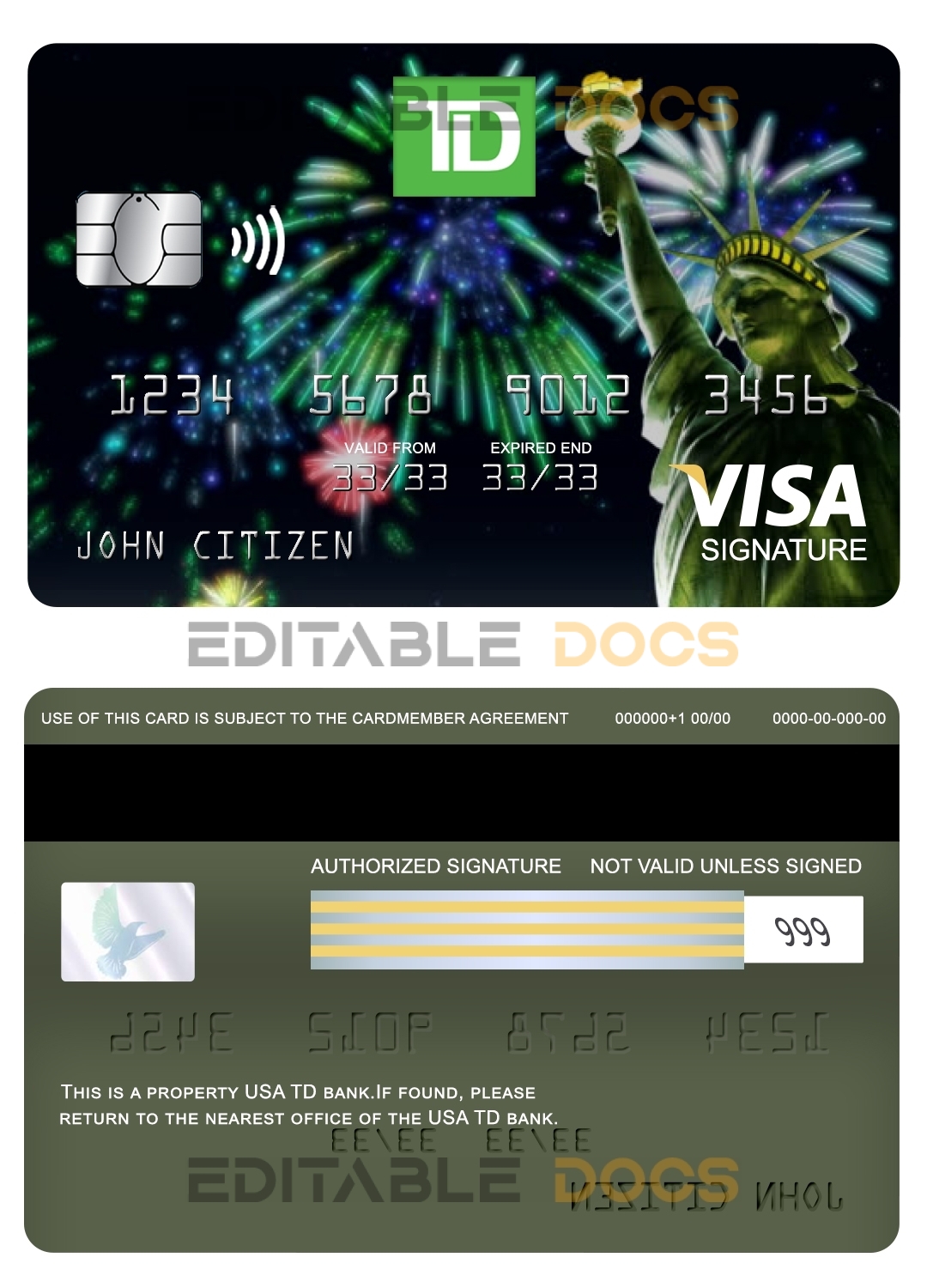 Fillable USA TD bank visa signature card Templates | Layer-Based PSD