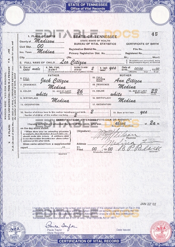 USA Tennessee state birth certificate template in PSD format, fully editable