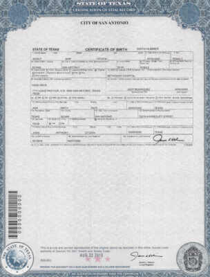 USA Texas state birth certificate template in PSD format, fully editable