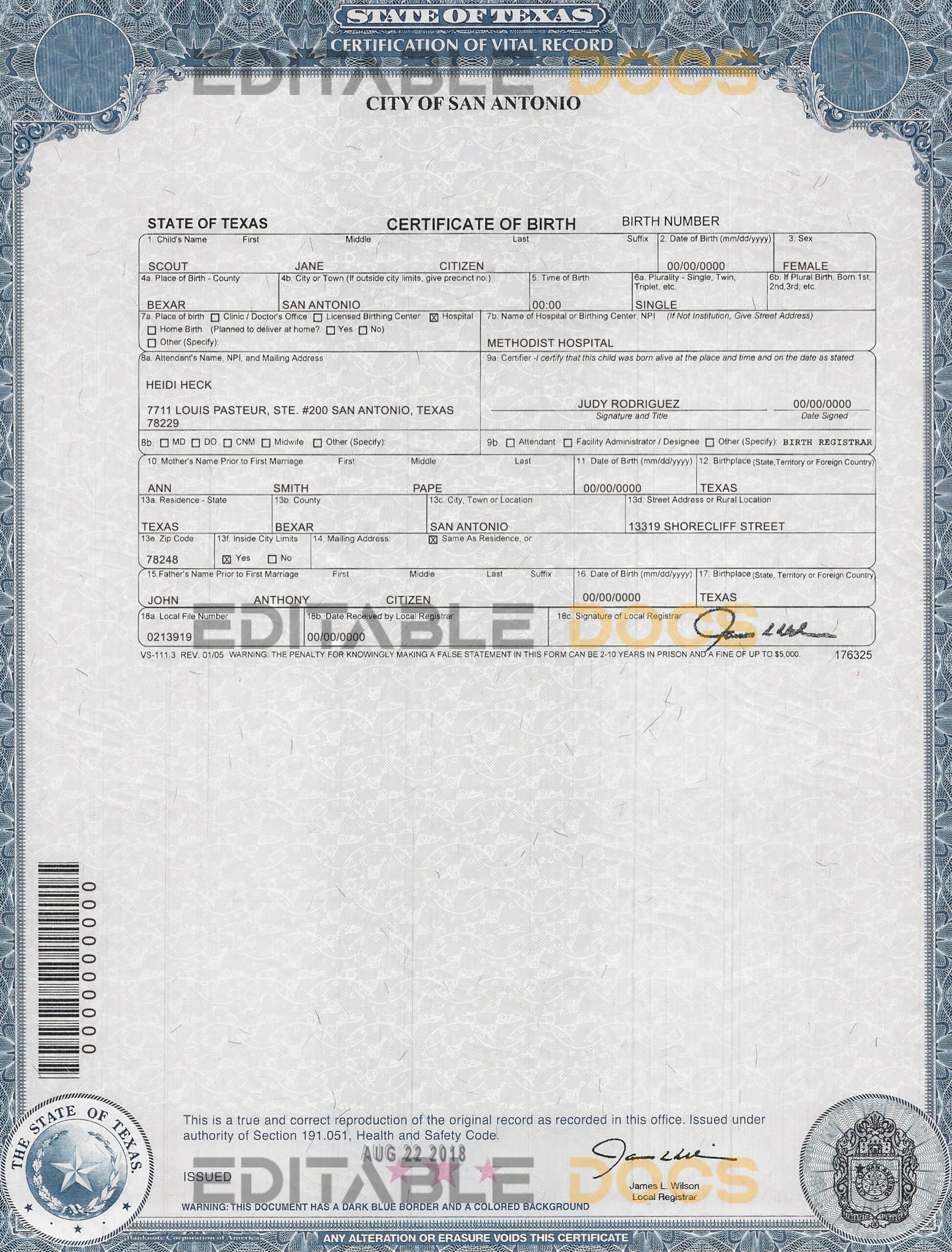 Authentic USA Texas Birth Certificate Template | Customize and Download Online