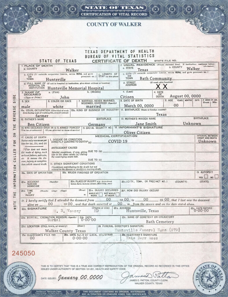 USA Texas state death certificate template in PSD format, fully editable, version 2