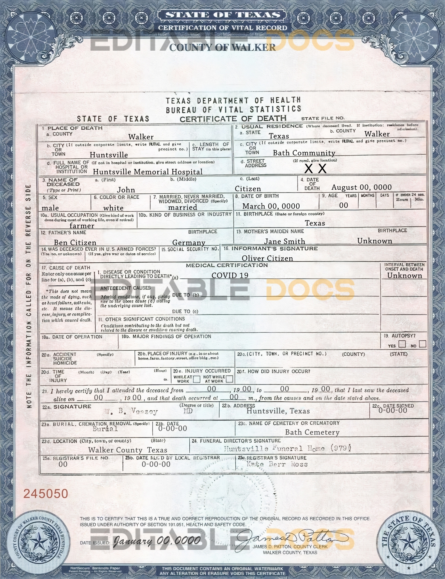 Customizable USA Texas state Death Certificate PSD Templates | Instant Download