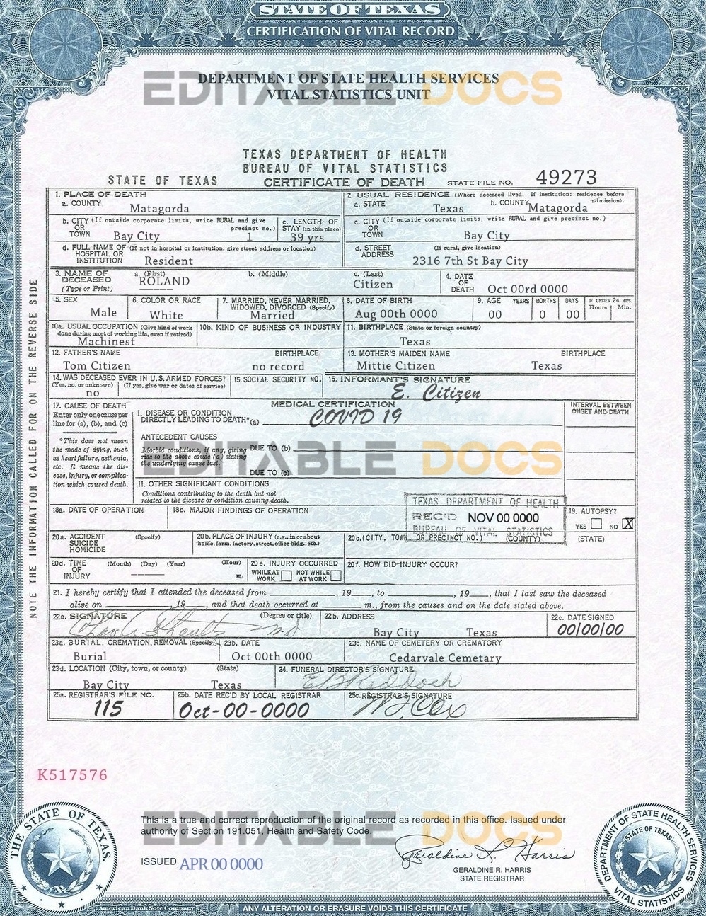 Customizable USA Texas state Death Certificate PSD Templates | Instant Download