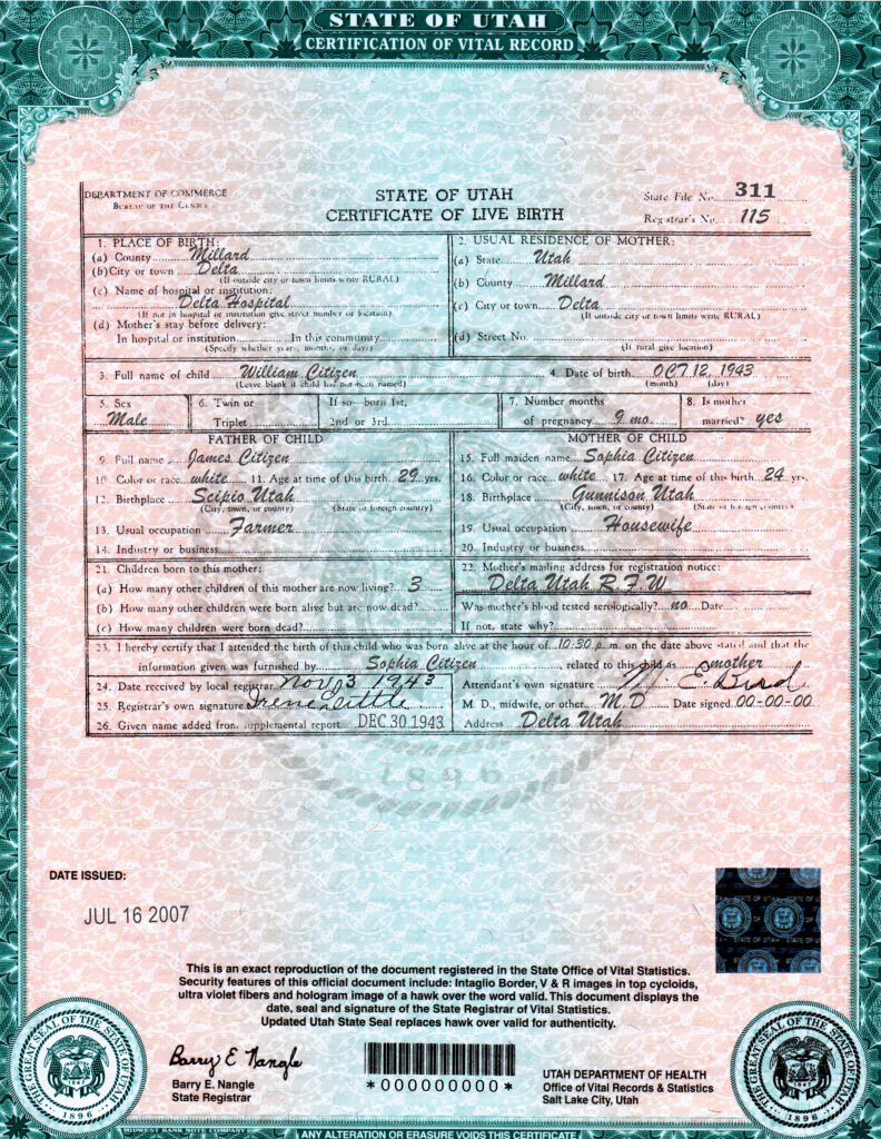 Authentic USA Utah Birth Certificate Template | Customize and Download Online