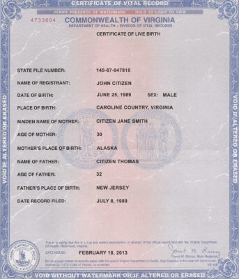 USA Virginia state birth certificate template in PSD format, fully editable