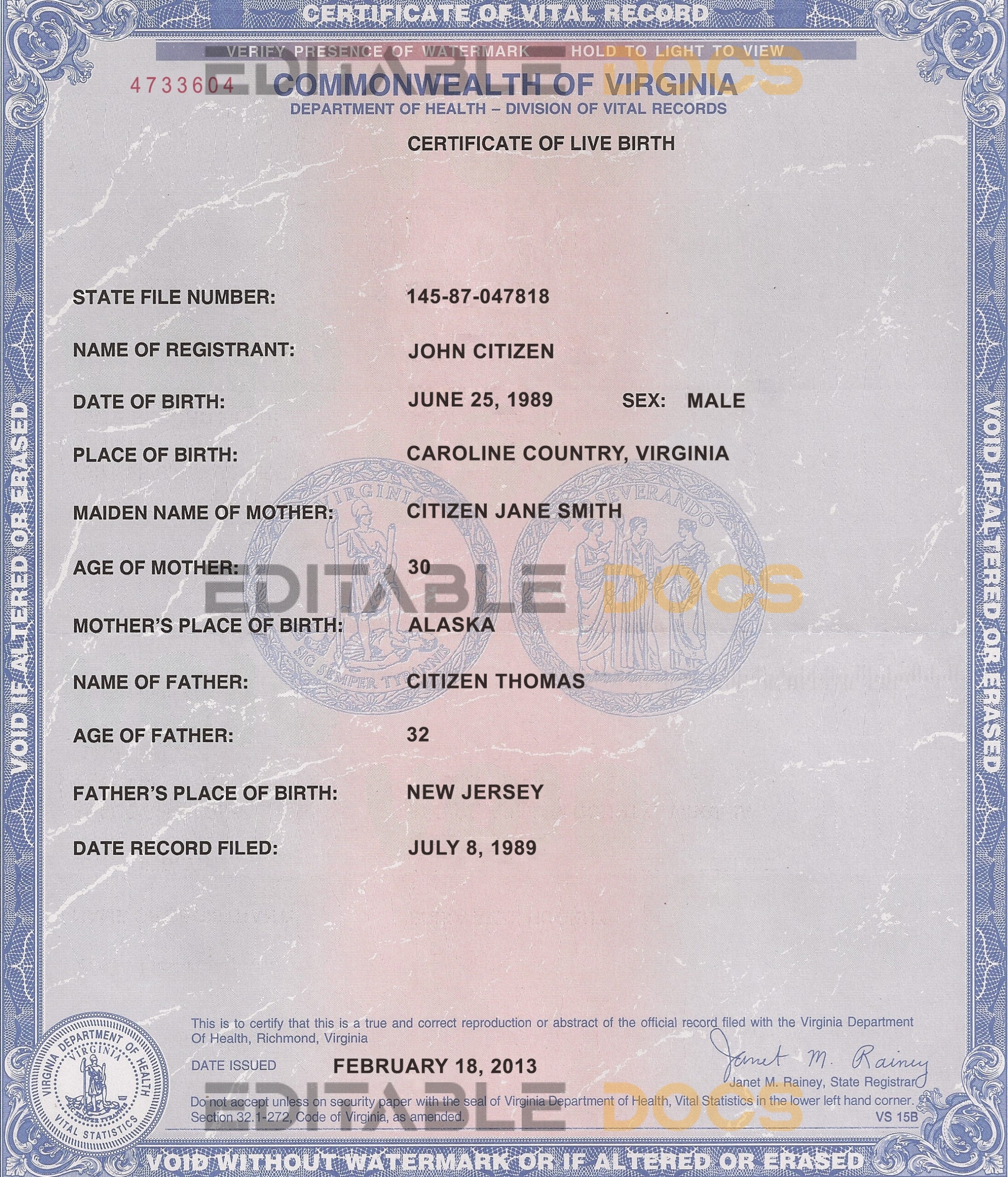 Authentic USA Virginia Birth Certificate Template | Customize and Download Online