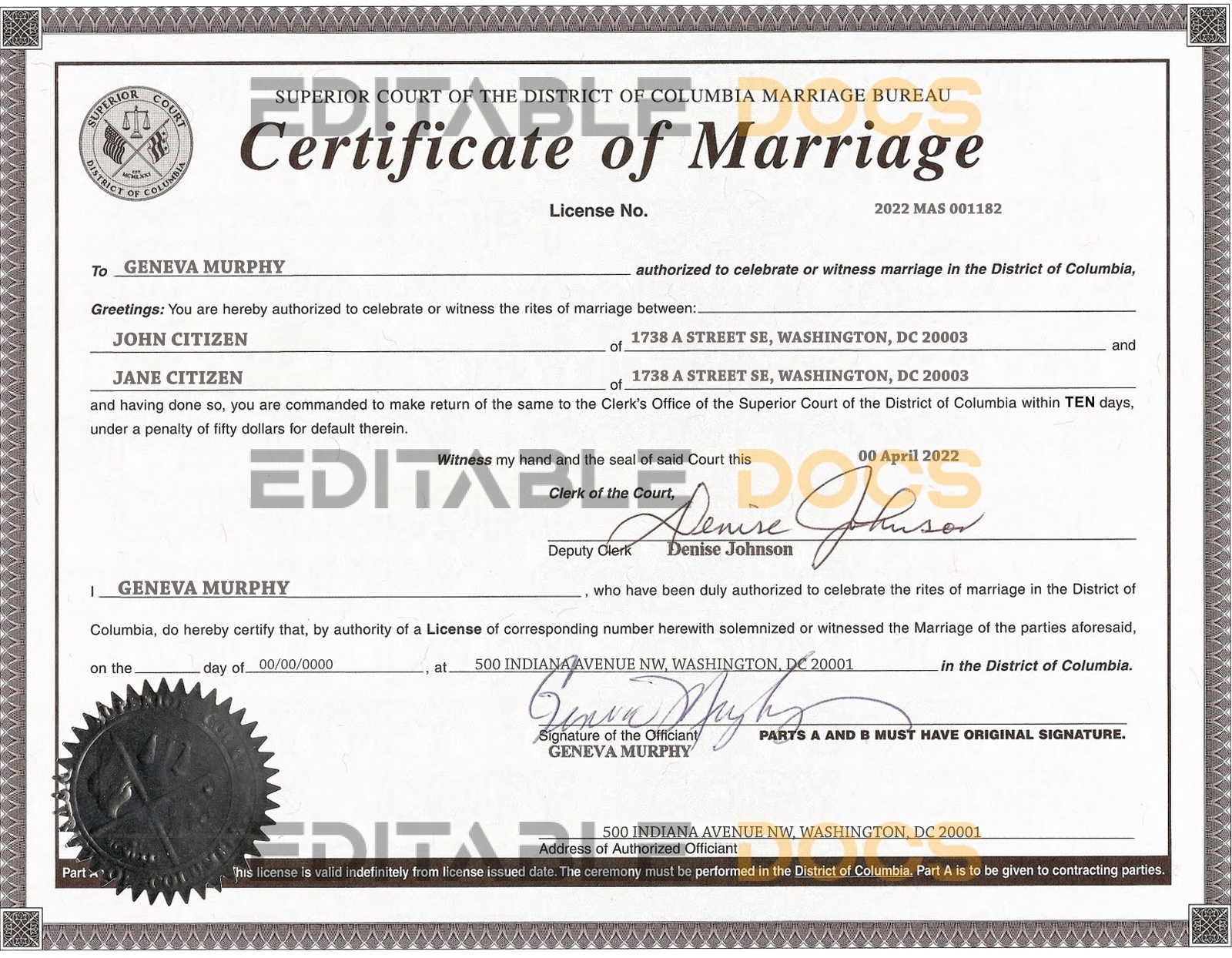 USA Washington district of Columbia Marriage Certificate | Editable PSD Templates