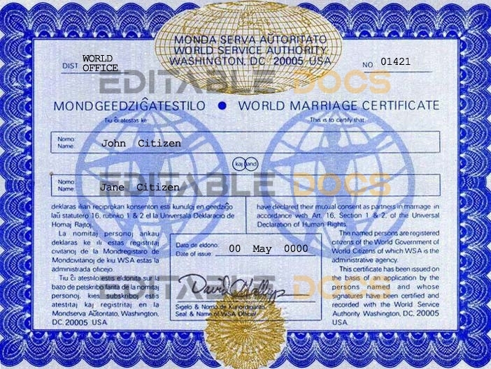 USA Washington world Marriage Certificate Editable PSD Templates