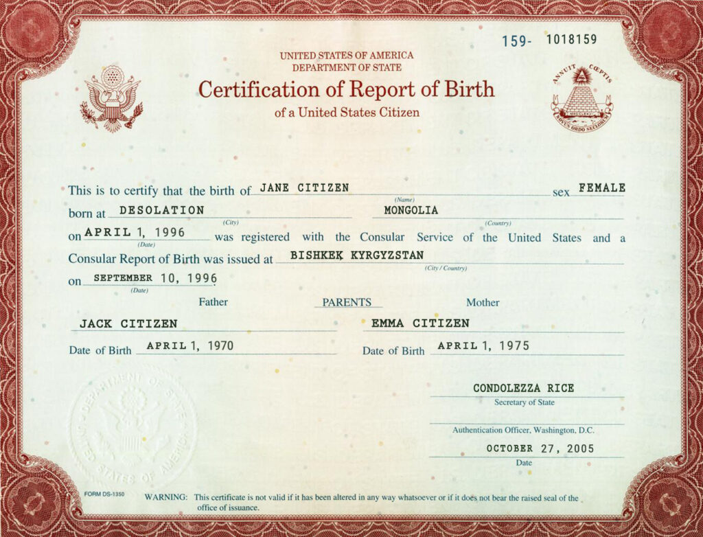 USA certification of report of birth Washington certificate template in PSD format, fully editable