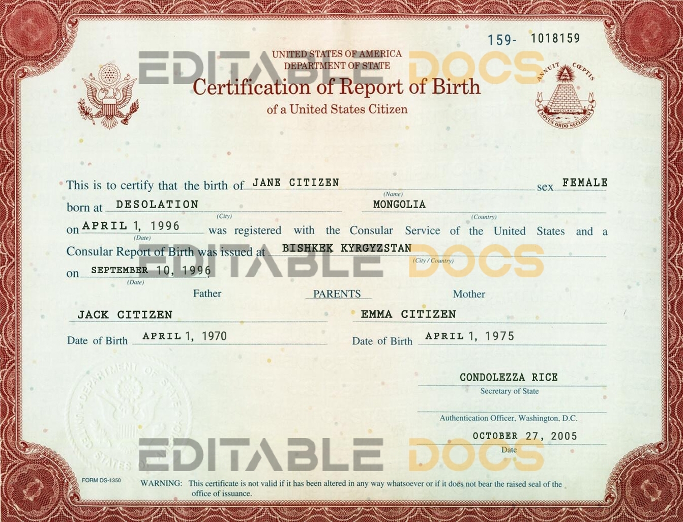 Authentic USA Birth Certificate Template | Customize and Download Online