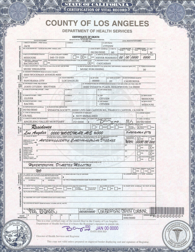 Customizable USA county of Los Angeles Death Certificate PSD Templates Instant Download