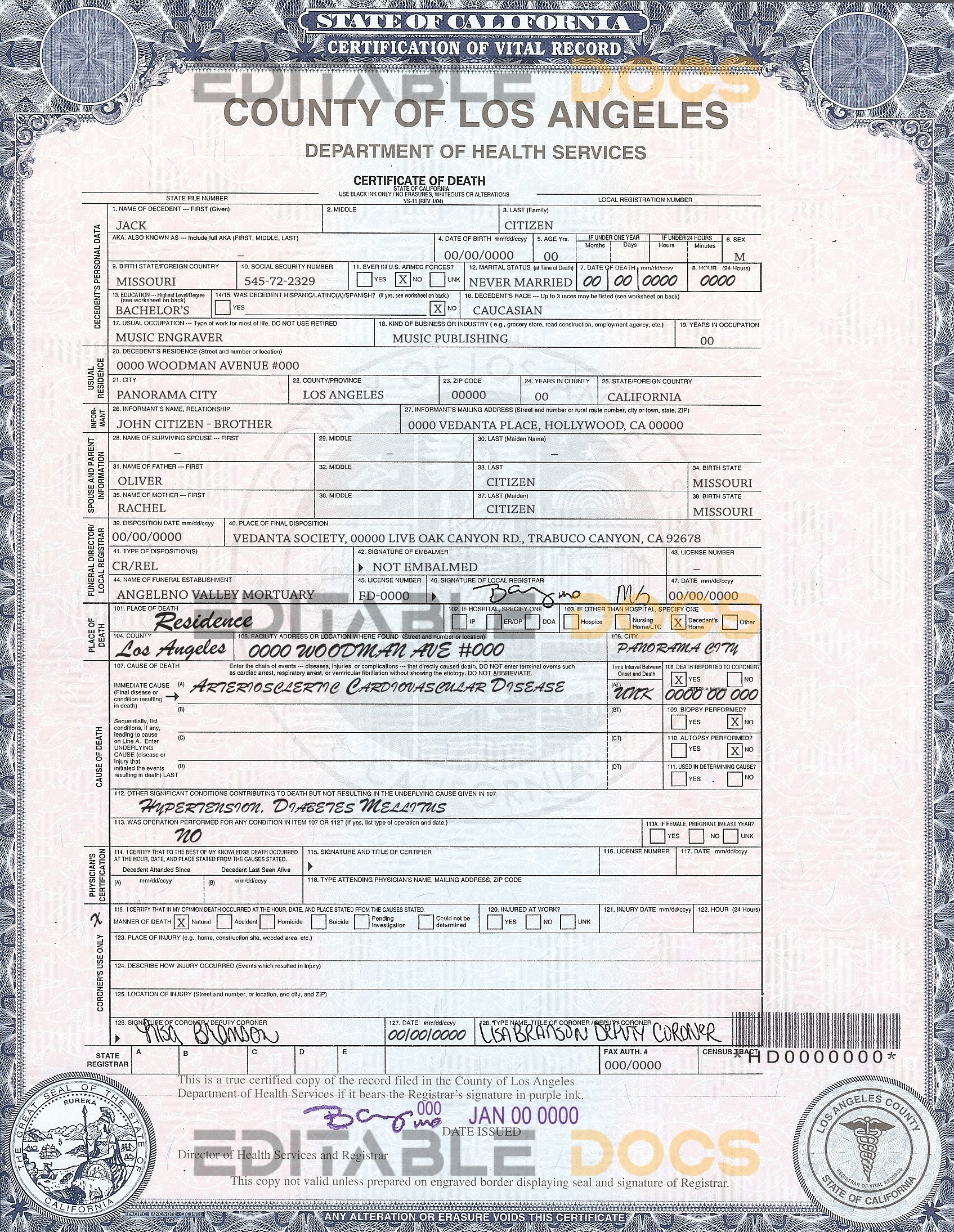 Customizable USA county of Los Angeles Death Certificate PSD Templates | Instant Download