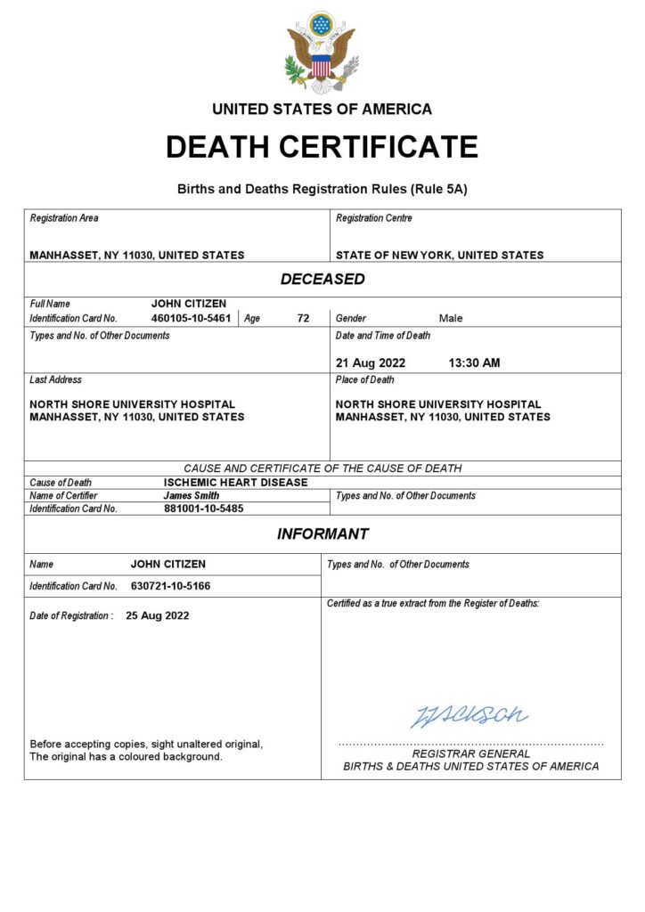 USA vital record death certificate Word and PDF template