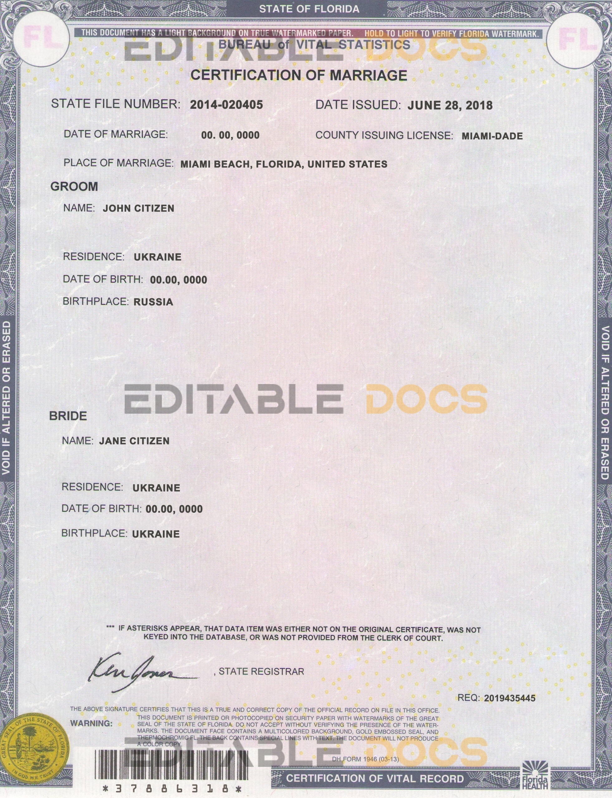 USA florida Marriage Certificate | Editable PSD Templates