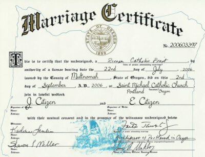USA oregon Marriage Certificate Editable PSD Templates