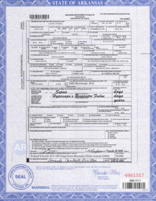 USA state Arkansas death certificate template in PSD format, fully editable