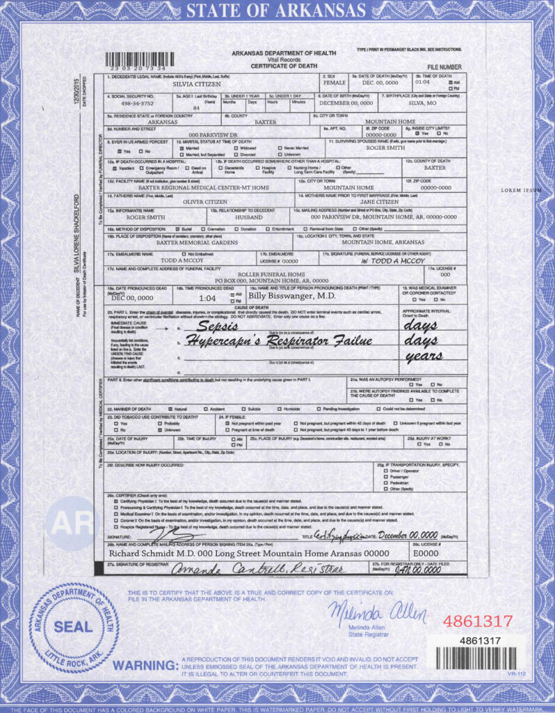 USA state Arkansas death certificate template in PSD format, fully editable