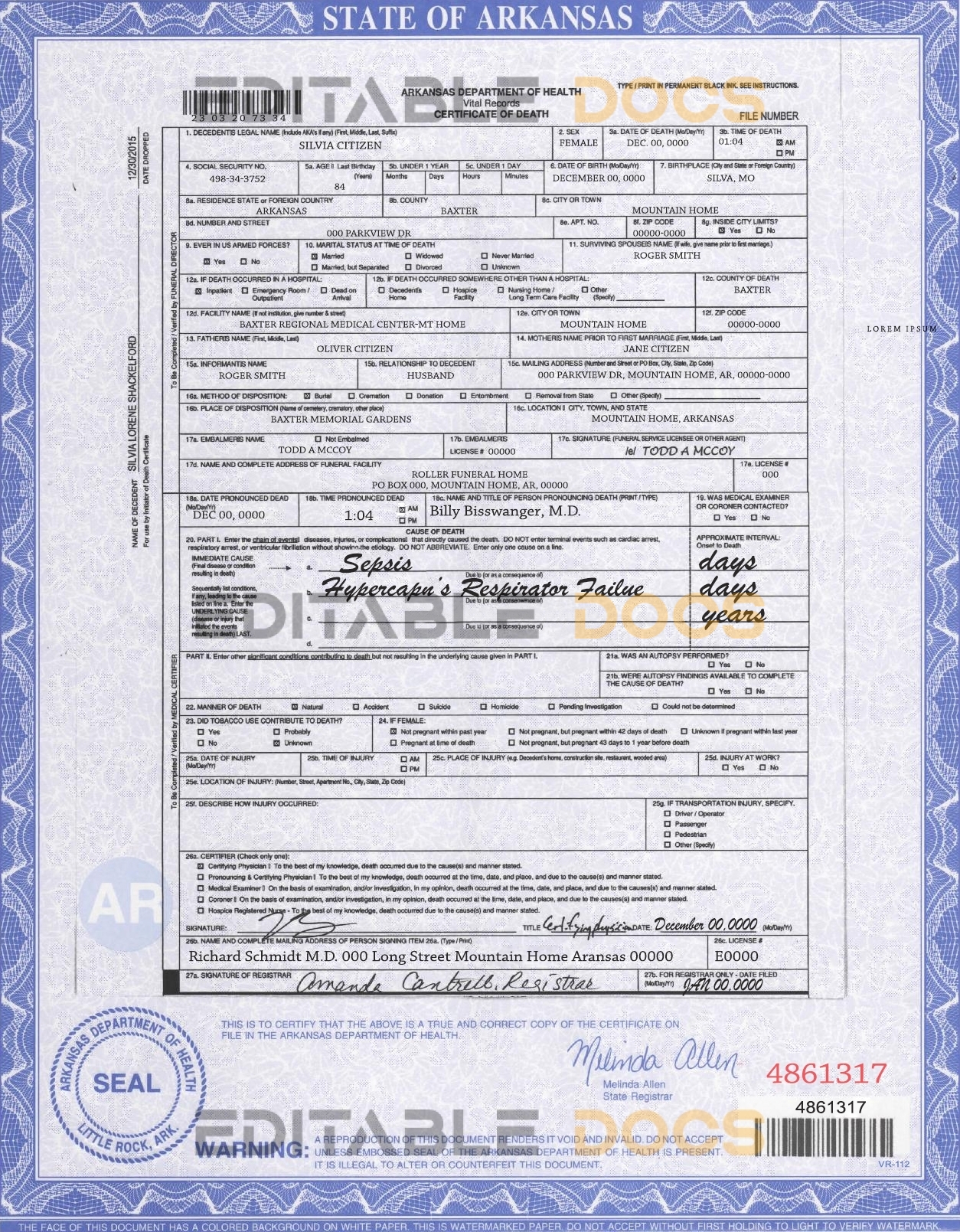 Customizable USA state Arkansas Death Certificate PSD Templates | Instant Download