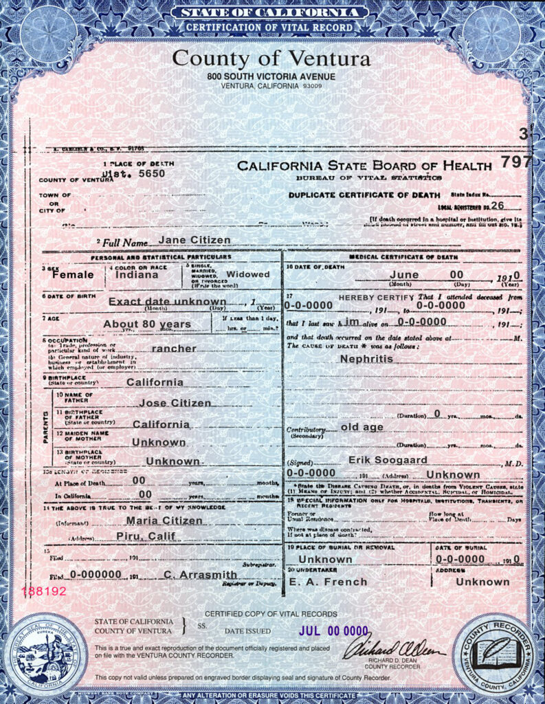 USA state California County of Ventura death certificate template in PSD format, fully editable