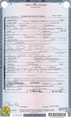 USA state Florida death certificate template in PSD format, fully editable