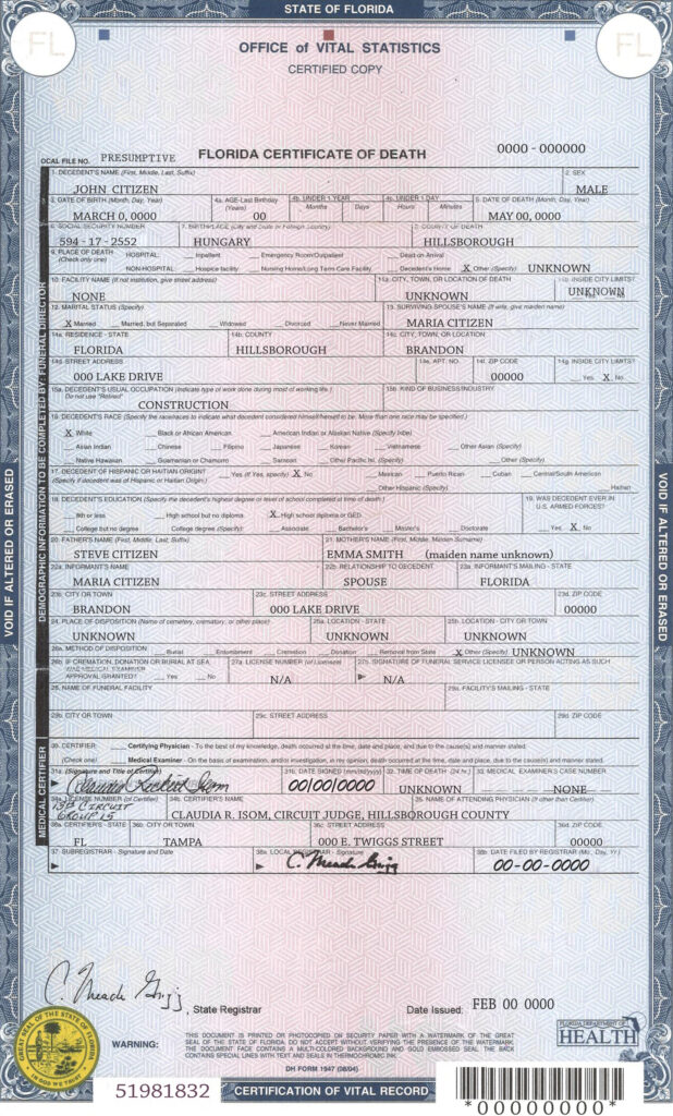 USA state Florida death certificate template in PSD format, fully editable
