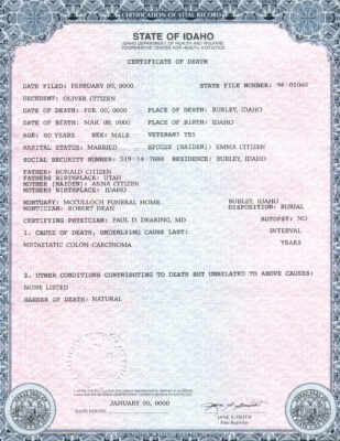 Customizable USA state Idaho Death Certificate PSD Templates Instant Download