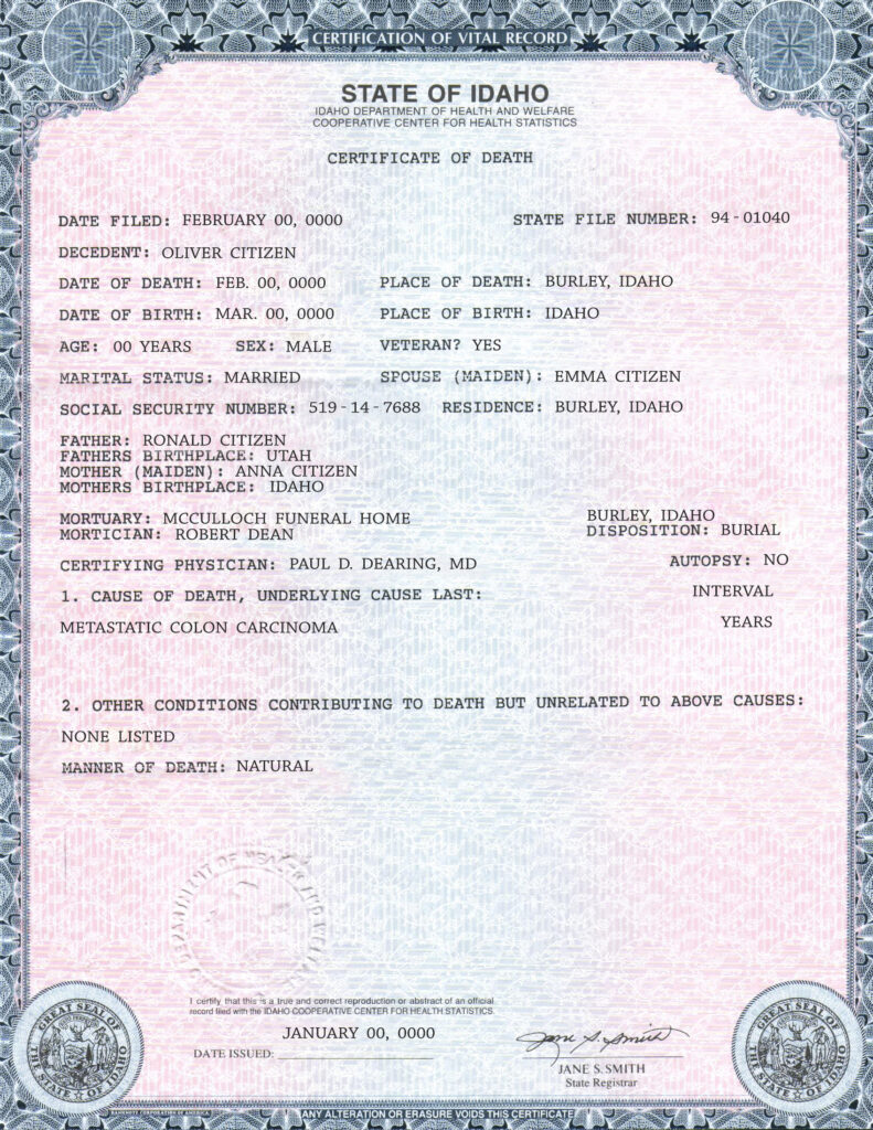 Customizable USA state Idaho Death Certificate PSD Templates Instant Download