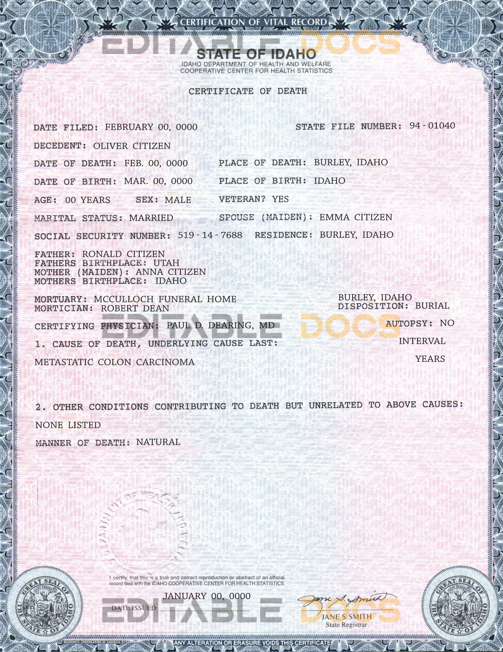 Customizable USA state Idaho Death Certificate PSD Templates | Instant Download