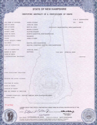 USA state New Hampshire death certificate template in PSD format, fully editable