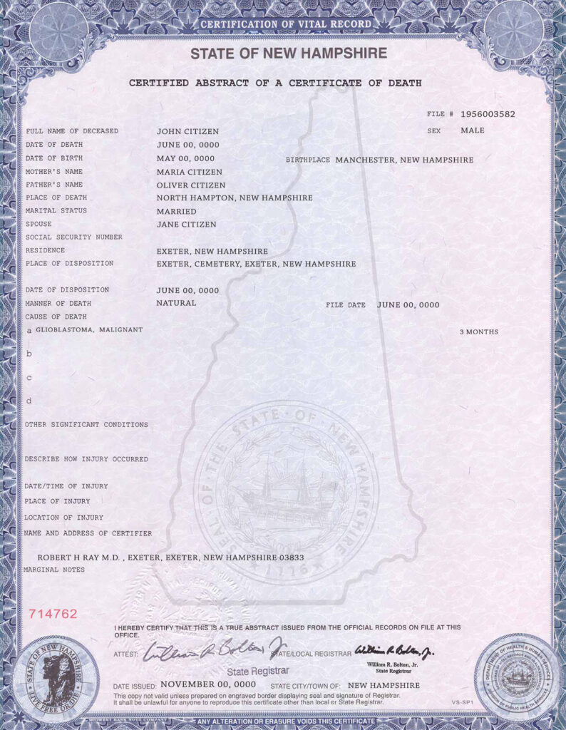 USA state New Hampshire death certificate template in PSD format, fully editable