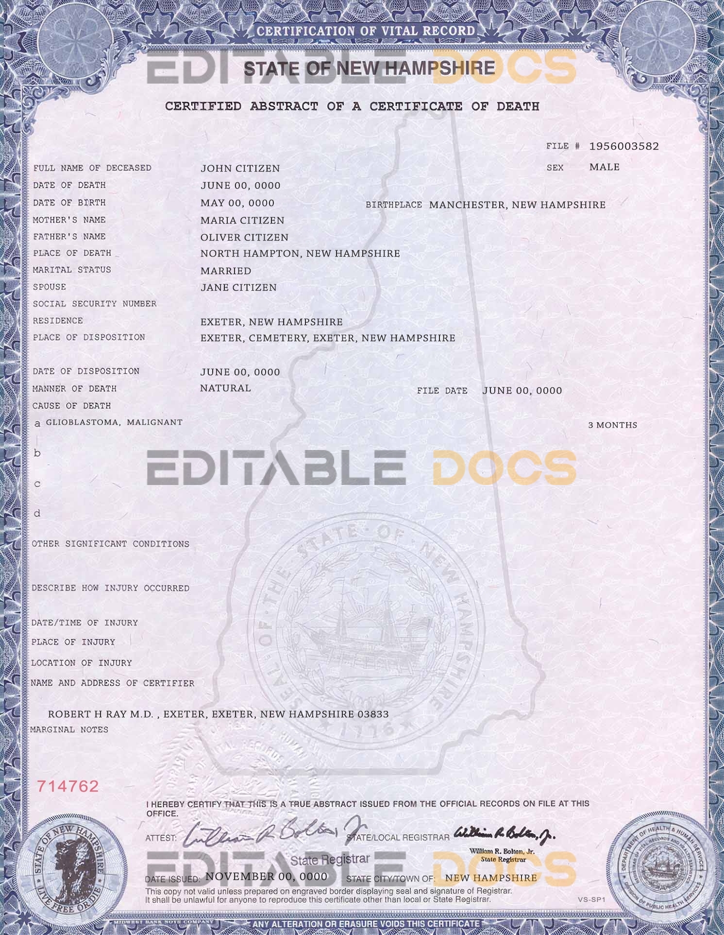 Customizable USA state New Hampshire Death Certificate PSD Templates | Instant Download