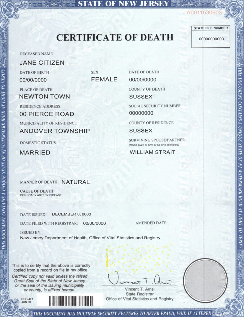 USA state New Jersey death certificate template in PSD format, fully editable
