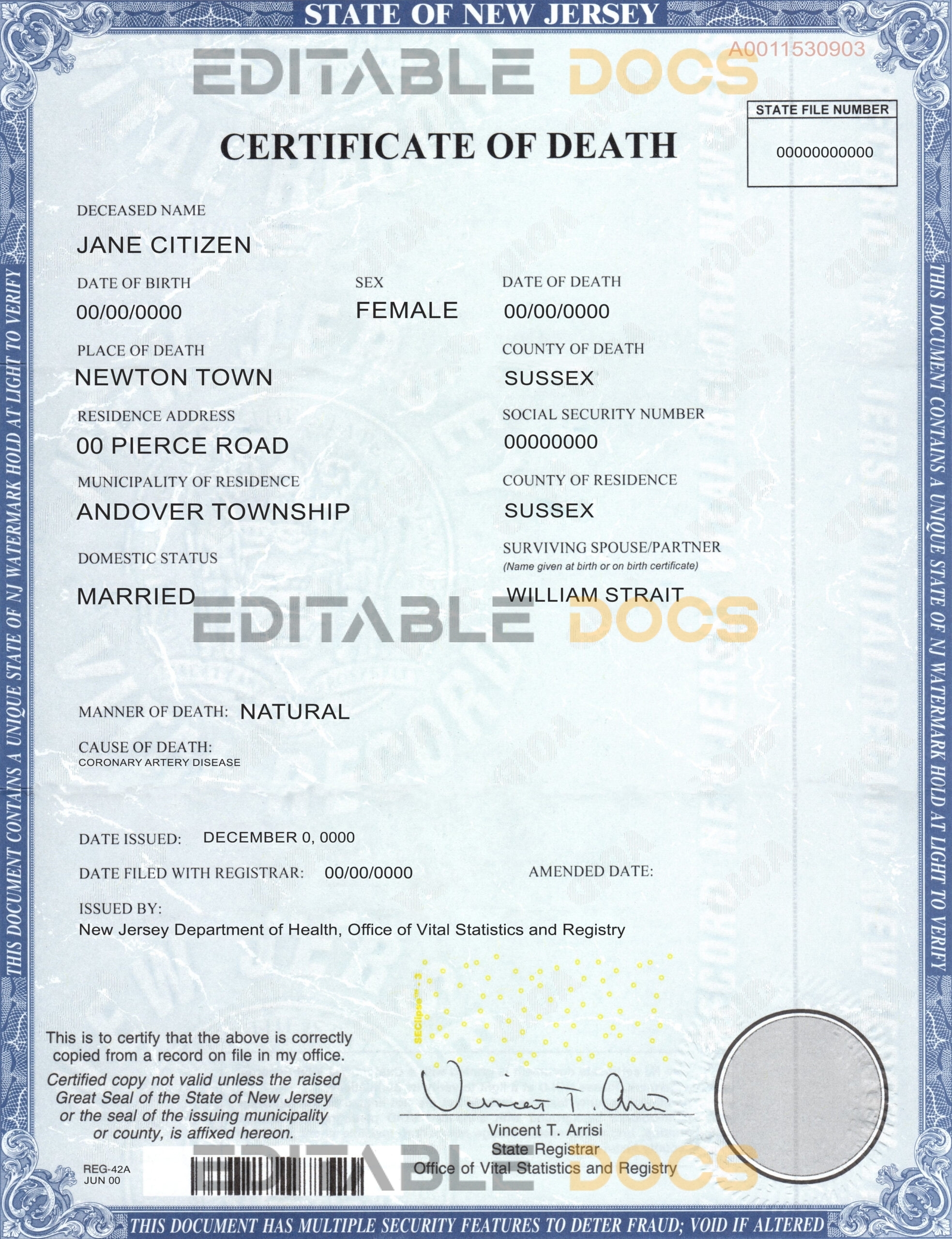 Customizable USA state New Jersey Death Certificate PSD Templates | Instant Download