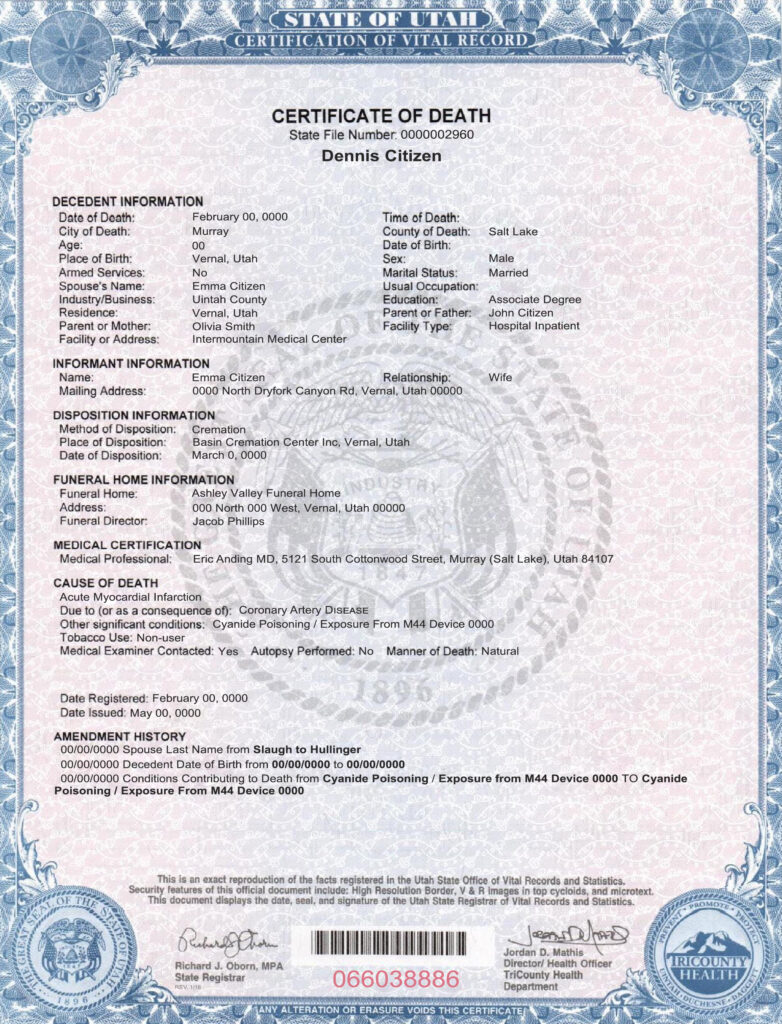 USA state Utah death certificate template in PSD format, fully editable