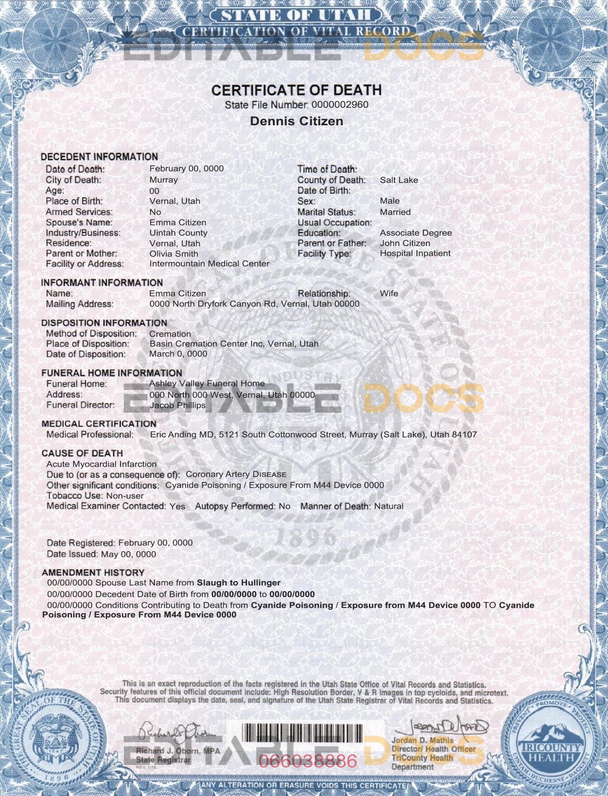 Customizable USA state Utah Death Certificate PSD Templates | Instant Download