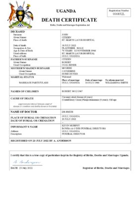 Uganda vital record death certificate Word and PDF template