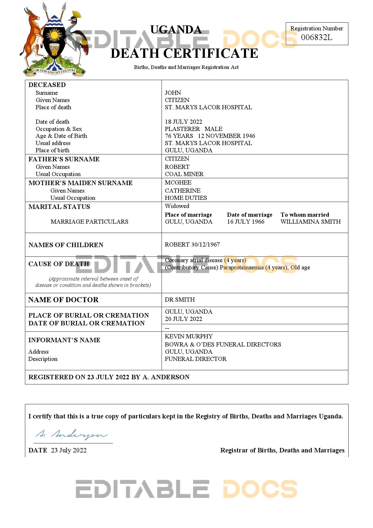Fillable Uganda Death PDF Templates | Blank Docs