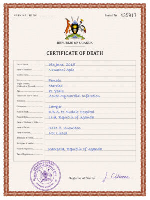 Uganda vital record death certificate PSD template, fully editable